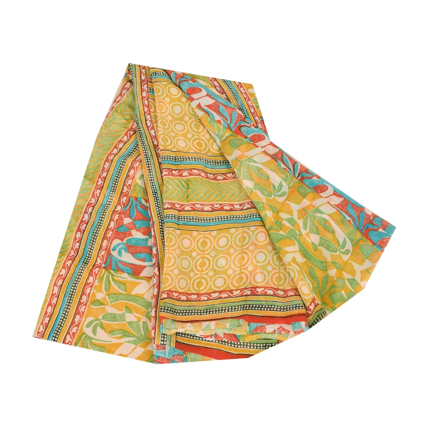 Sanskriti Vintage Sarees Yellow Pure Georgette Silk Print Sari 5yd Craft Fabric