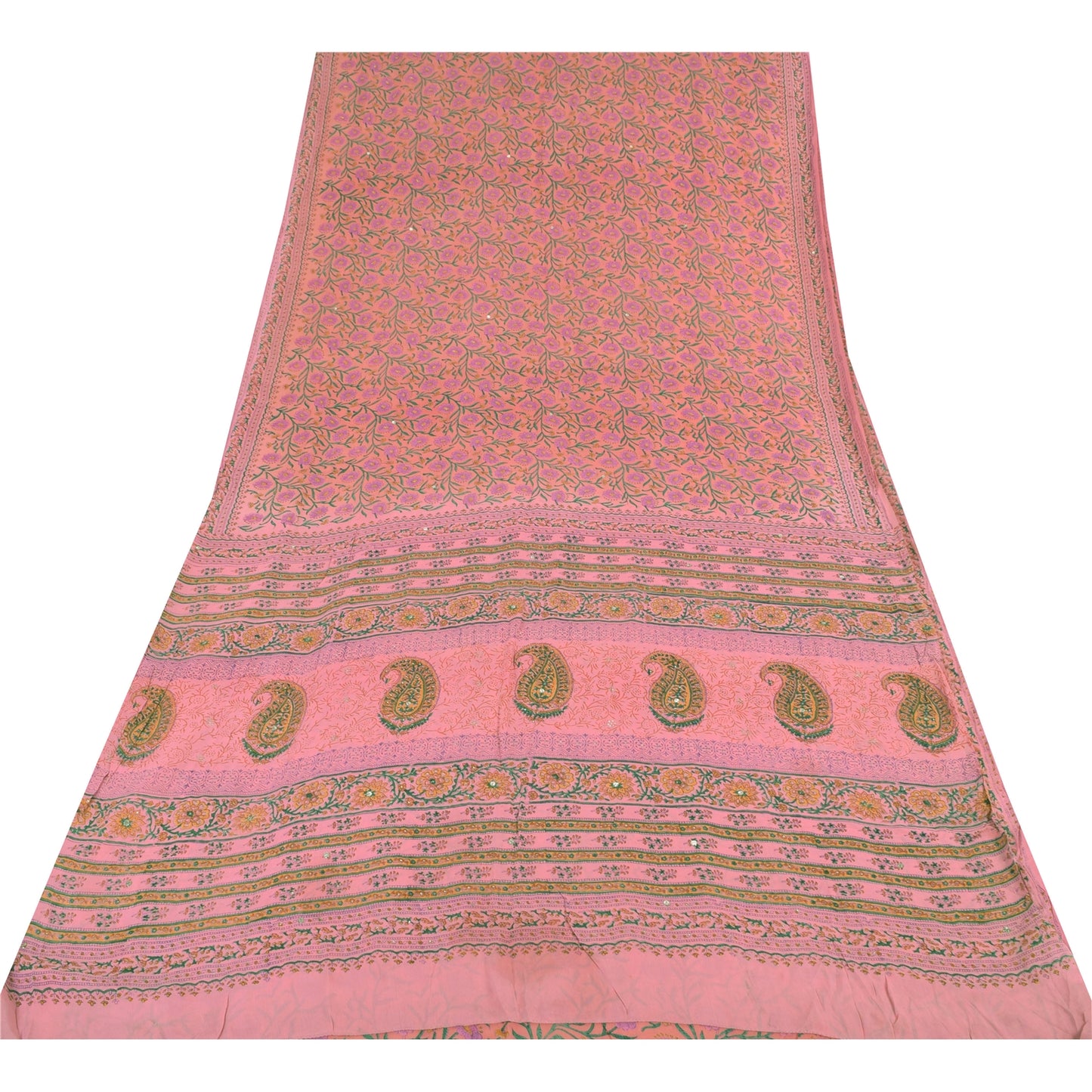 Sanskriti Vintage Sarees Hand Block Printed Sparkles Pure Georgette Sari Fabric