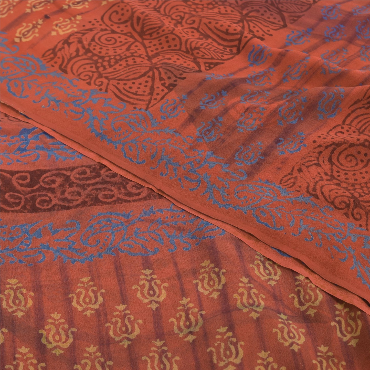 Sanskriti Vintage Sarees Orange Pure Georgette Silk Printed Sari Craft Fabric