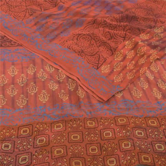 Sanskriti Vintage Sarees Orange Pure Georgette Silk Printed Sari Craft Fabric