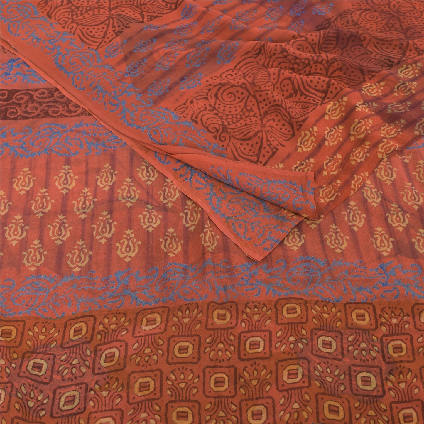 Sanskriti Vintage Sarees Orange Pure Georgette Silk Printed Sari Craft Fabric