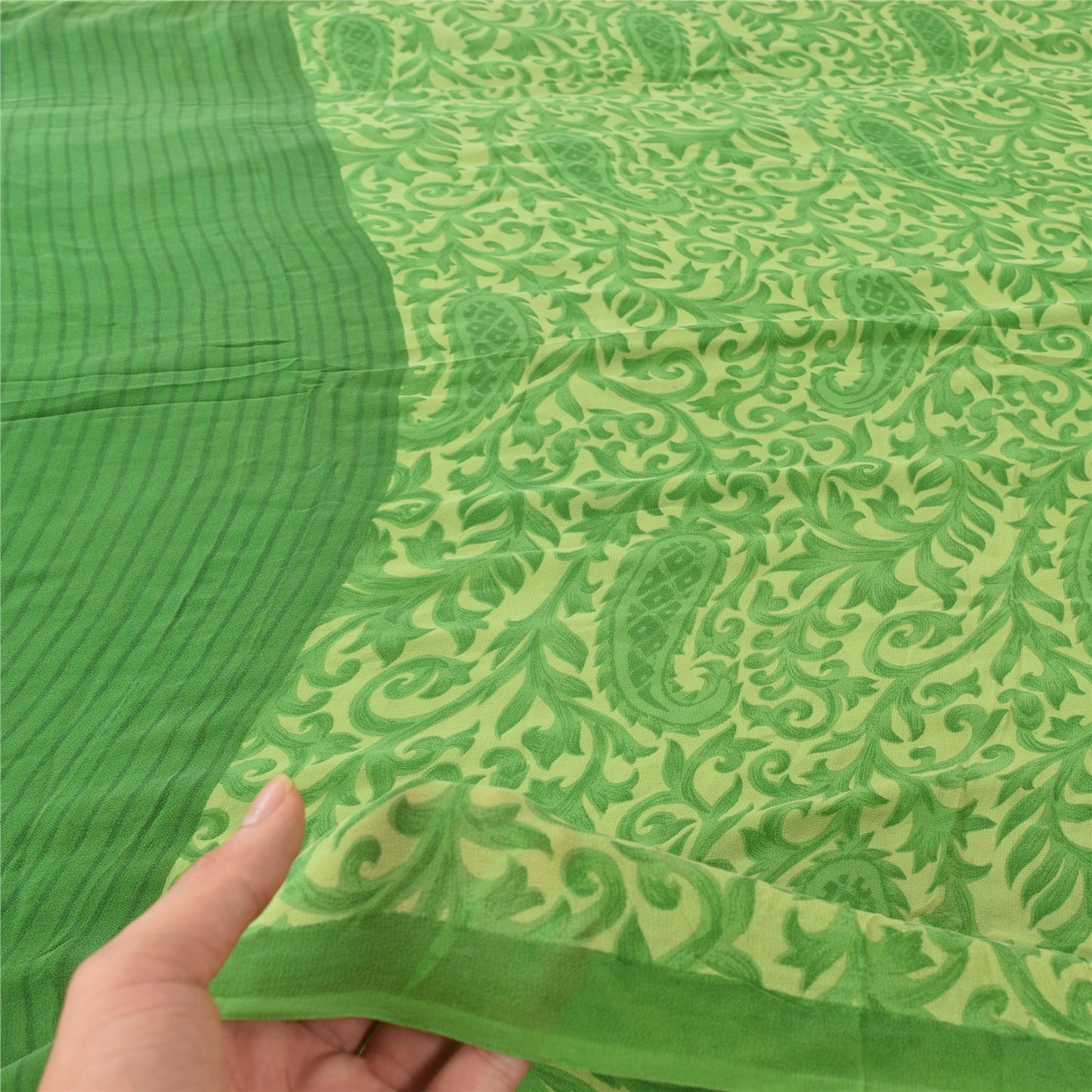 Sanskriti Vintage Sarees Green Pure Georgette Silk Printed Sari 5yd Craft Fabric