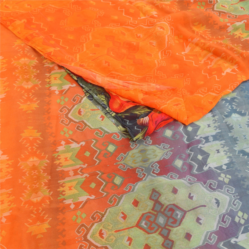 Sanskriti Vintage Sarees Multi Pure Georgette Silk Printed Sari 5yd Craft Fabric