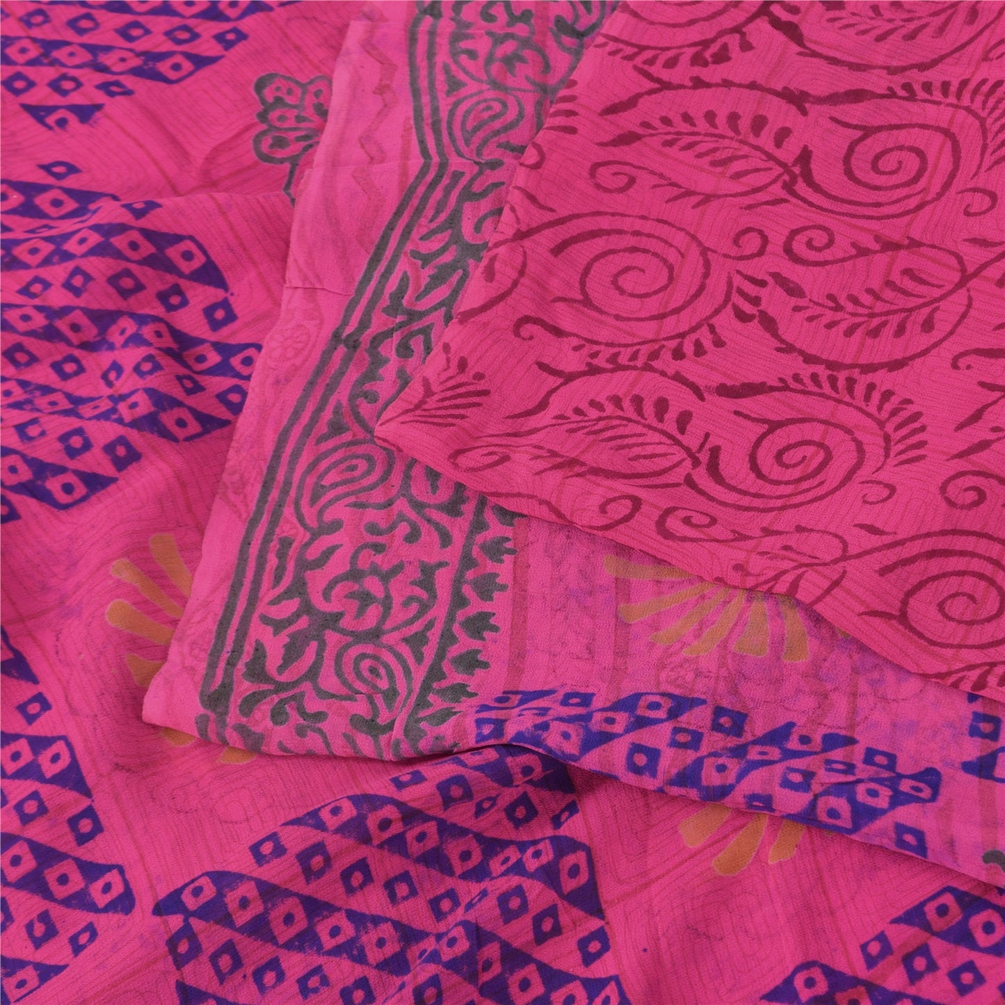 Sanskriti Vintage Sarees Pink Hand Block Print Pure Georgette Sari 5+yd Fabric