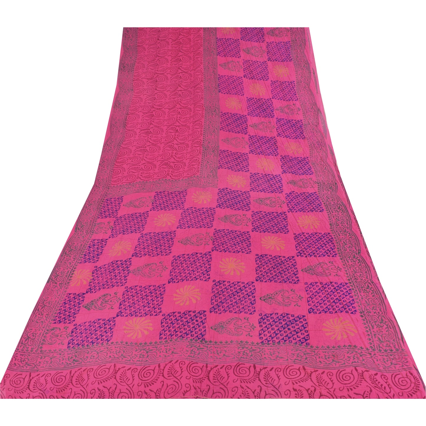 Sanskriti Vintage Sarees Pink Hand Block Print Pure Georgette Sari 5+yd Fabric