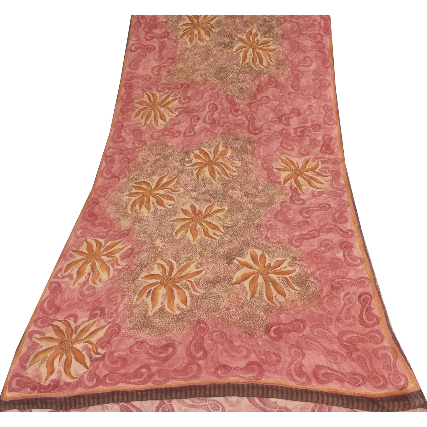 Sanskriti Vintage Sarees Pink/Brown Pure Georgette Print Sari 6+yd Craft Fabric