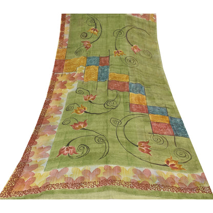 Sanskriti Vintage Sarees Green Pure Georgette Silk Print Sari 5+yd Craft Fabric