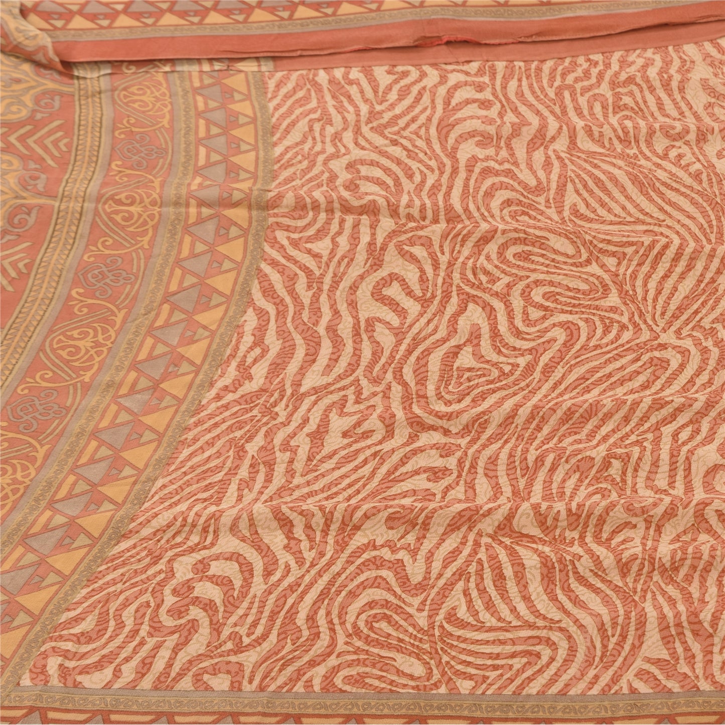 Sanskriti Vintage Sarees Dark Peach Pure Georgette Silk Printed Sari 5+yd Fabric