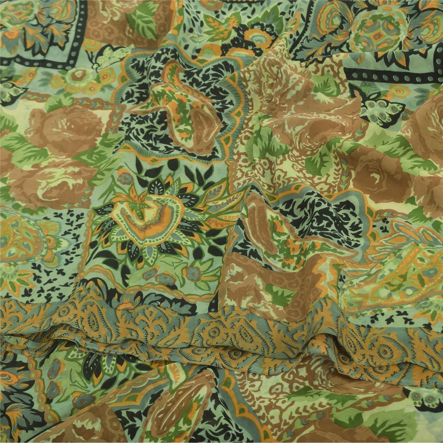 Sanskriti Vintage Sarees Green Pure Georgette Silk Print Sari 5+yd Craft Fabric