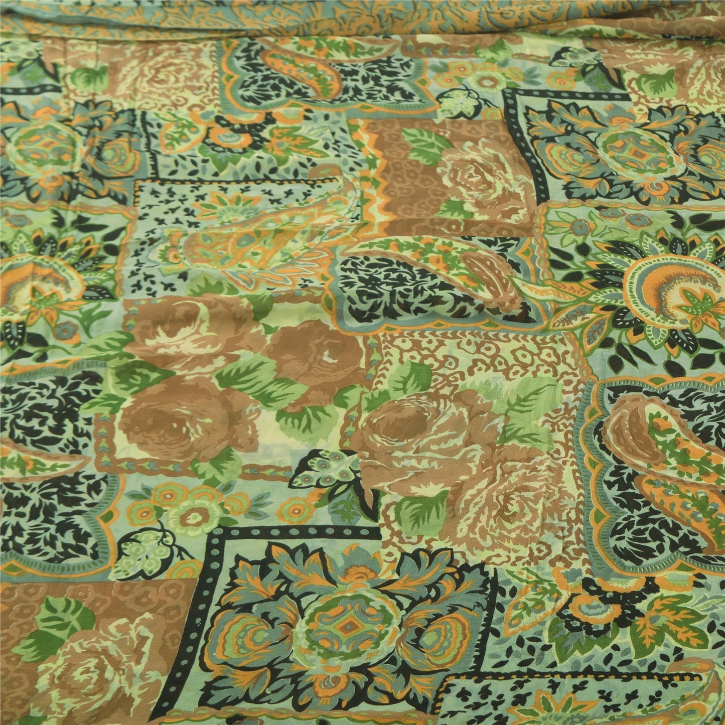 Sanskriti Vintage Sarees Green Pure Georgette Silk Print Sari 5+yd Craft Fabric