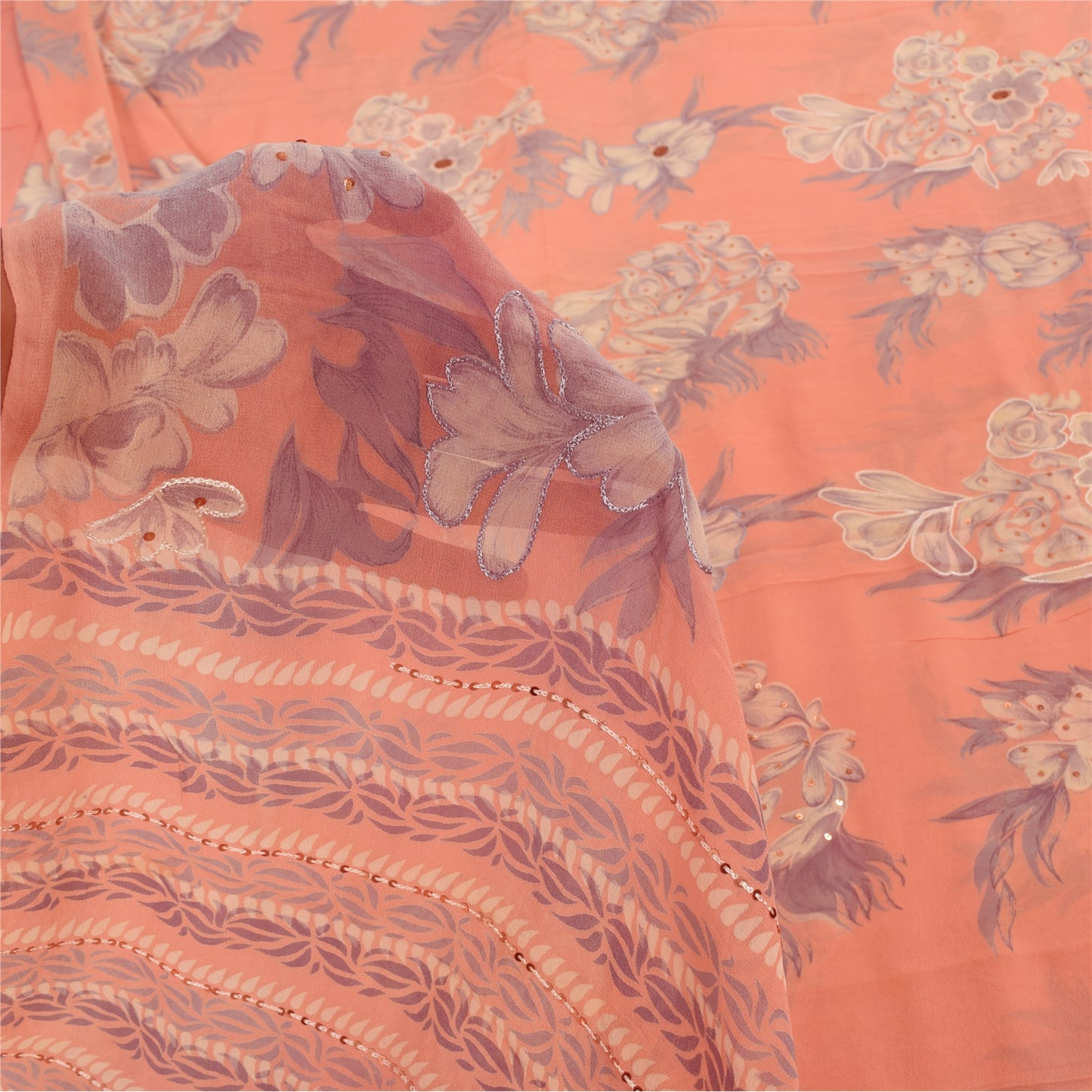 Sanskriti Vintage Sarees Peach Pure Georgette Silk Print Sari 5+yd Craft Fabric