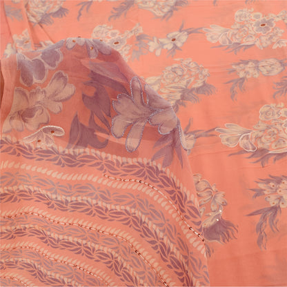 Sanskriti Vintage Sarees Peach Pure Georgette Silk Print Sari 5+yd Craft Fabric