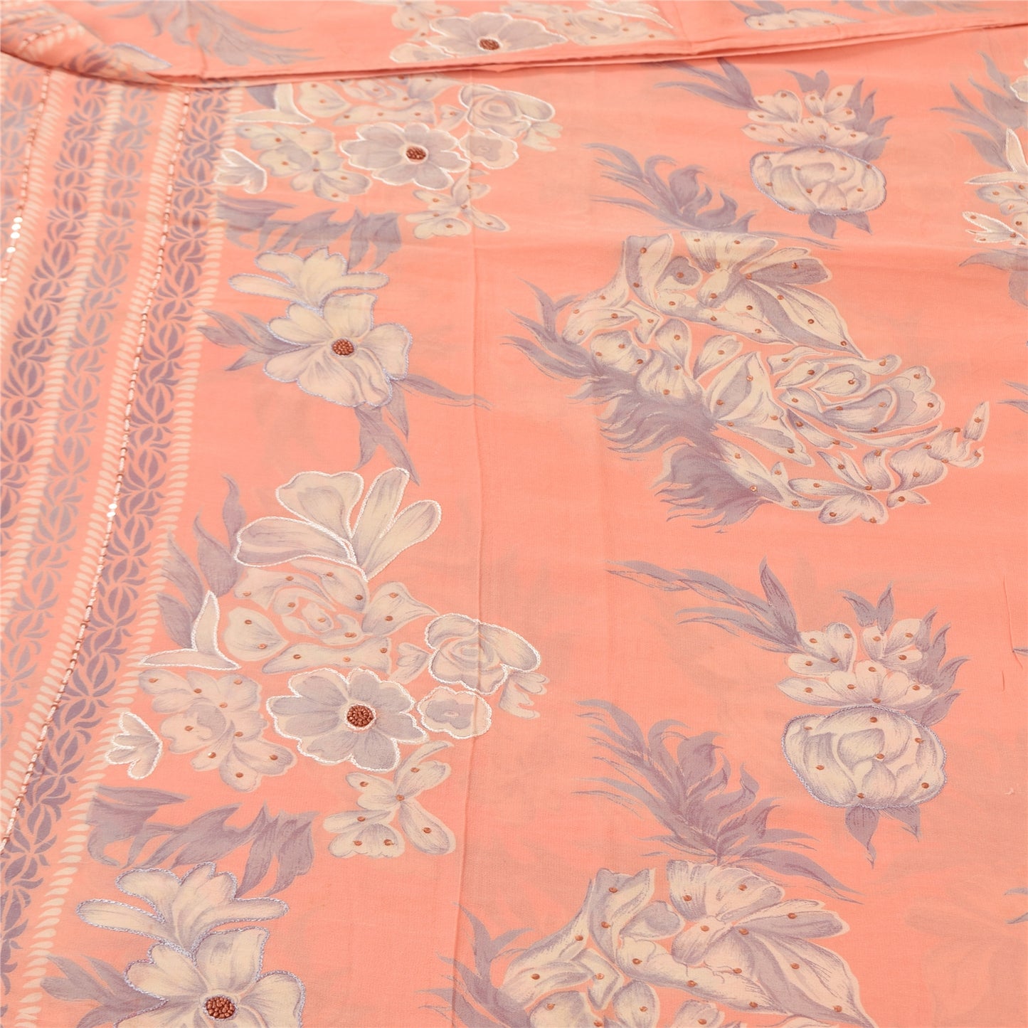 Sanskriti Vintage Sarees Peach Pure Georgette Silk Print Sari 5+yd Craft Fabric