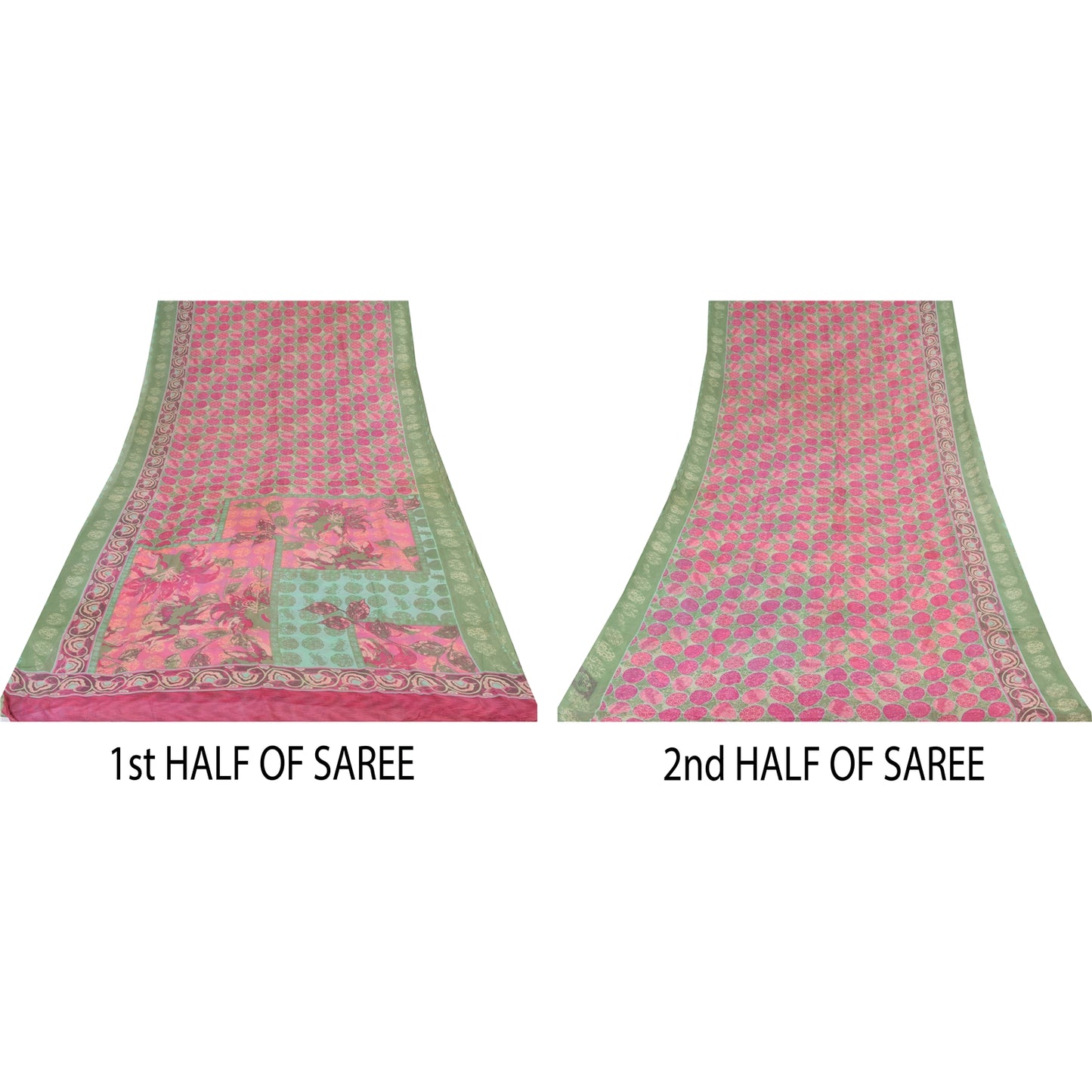 Sanskriti Vintage Sarees Pink/Green Pure Georgette Printed Sari 6yd Craft Fabric