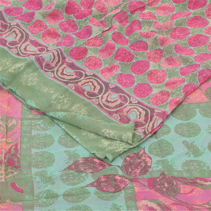 Sanskriti Vintage Sarees Pink/Green Pure Georgette Printed Sari 6yd Craft Fabric