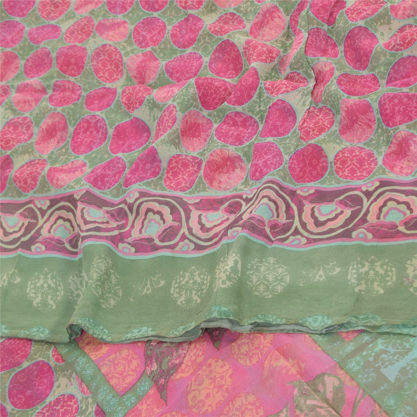 Sanskriti Vintage Sarees Pink/Green Pure Georgette Printed Sari 6yd Craft Fabric