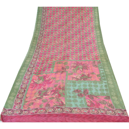 Sanskriti Vintage Sarees Pink/Green Pure Georgette Printed Sari 6yd Craft Fabric