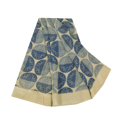 Sanskriti Vintage Sarees Blue/Cream Pure Georgette Print Sari 5+yd Craft Fabric