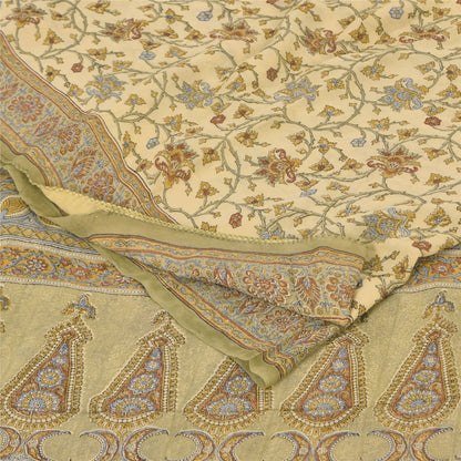 Sanskriti Vintage Sarees Cream Pure Georgette Silk Print Sari 5+yd Craft Fabric