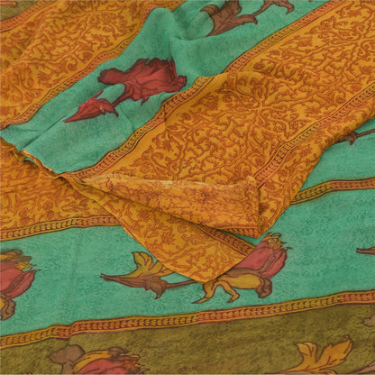 Sanskriti Vintage Sarees Saffron Pure Georgette Printed Sari 5+yd Craft Fabric