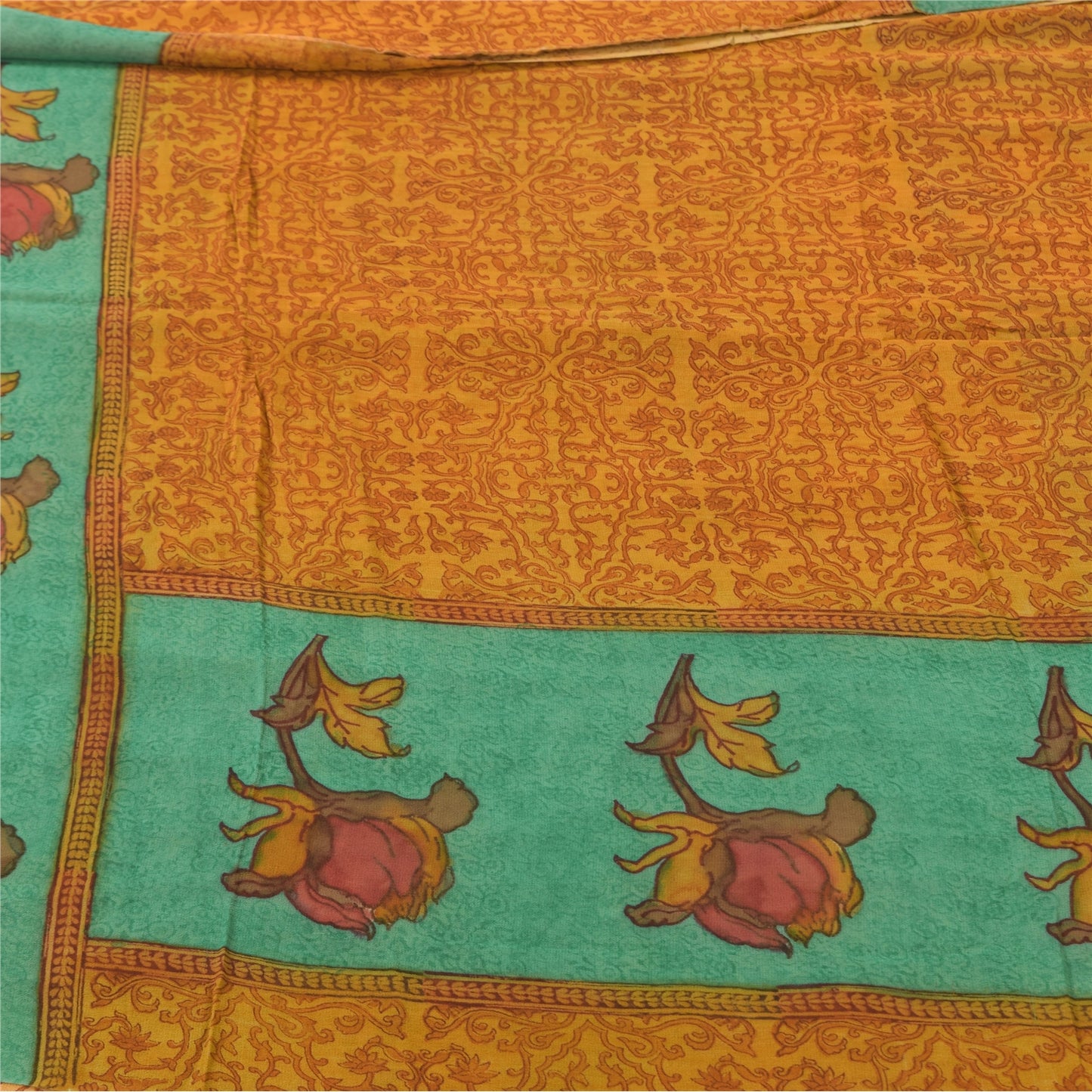 Sanskriti Vintage Sarees Saffron Pure Georgette Printed Sari 5+yd Craft Fabric