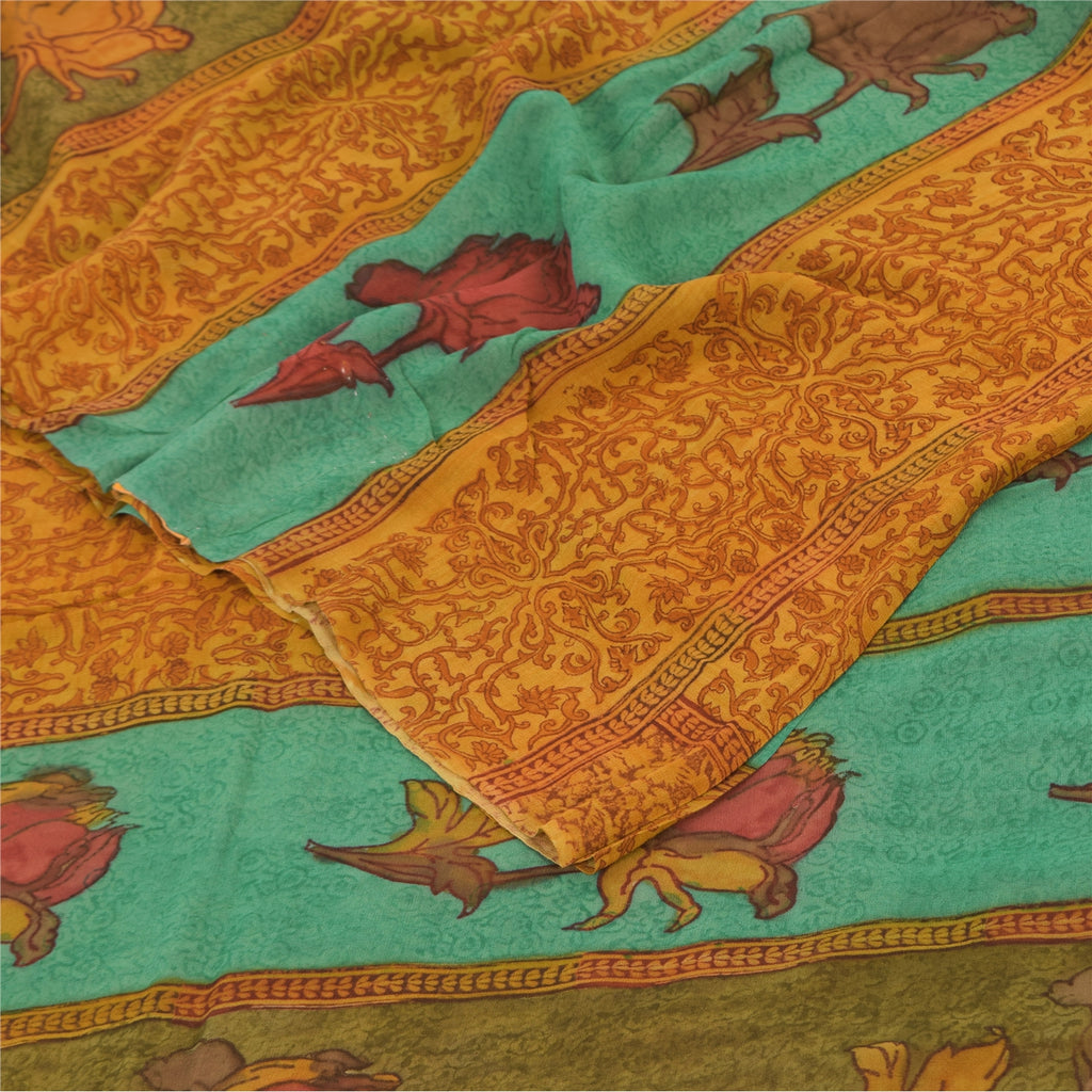 Sanskriti Vintage Sarees Saffron Pure Georgette Printed Sari 5+yd Craft Fabric