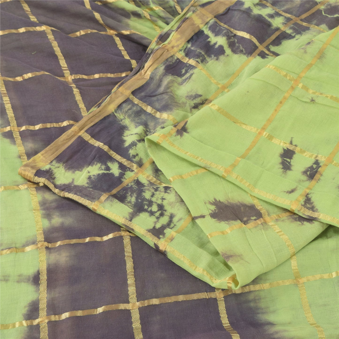 Sanskriti Vintage Purple/Green Sarees Pure Cotton Tie-Dye Woven Sari 5yd Fabric