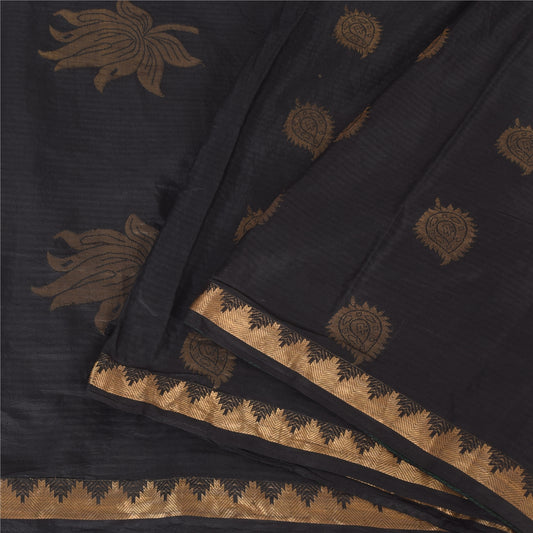 Sanskriti Vintage Indian Black Sarees Pure Silk Hand Woven Sari Premium Fabric