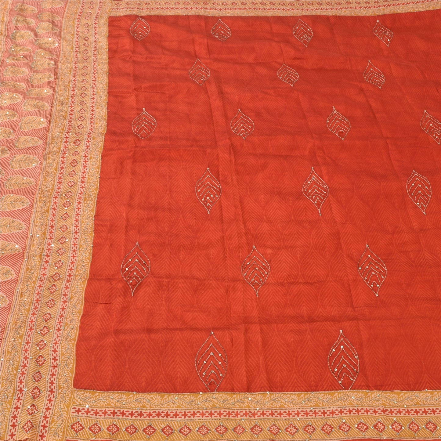 Sanskriti Vintage Orange/Cream Sarees 100Pure Silk Hand Beaded Sari Craft Fabric