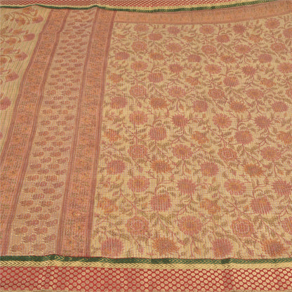 Sanskriti Vintage Sarees Peach Kota Woven Printed Cotton Sari 5yd Craft Fabric