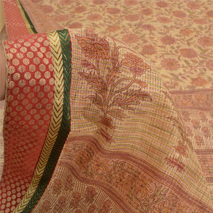 Sanskriti Vintage Sarees Peach Kota Woven Printed Cotton Sari 5yd Craft Fabric