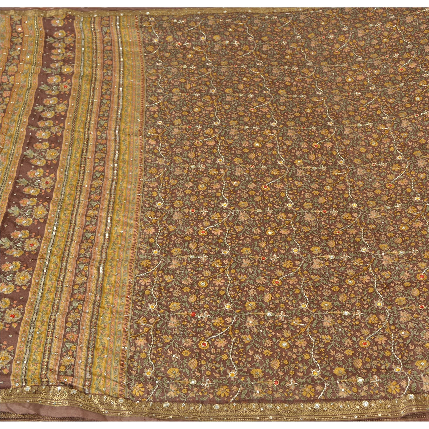 Sanskriti Vintage Brown Sarees Pure Silk Hand Beaded Premium Sari Craft Fabric