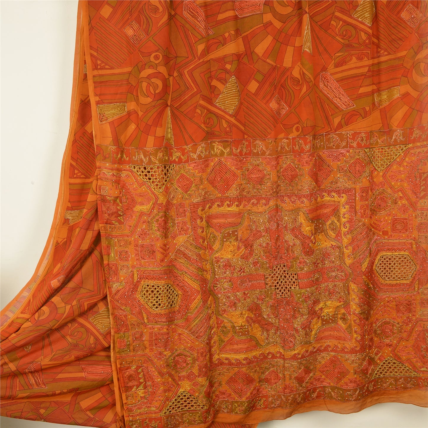 Sanskriti Vintage Saffron Sarees Pure Silk Hand Beaded Premium Sari Craft Fabric