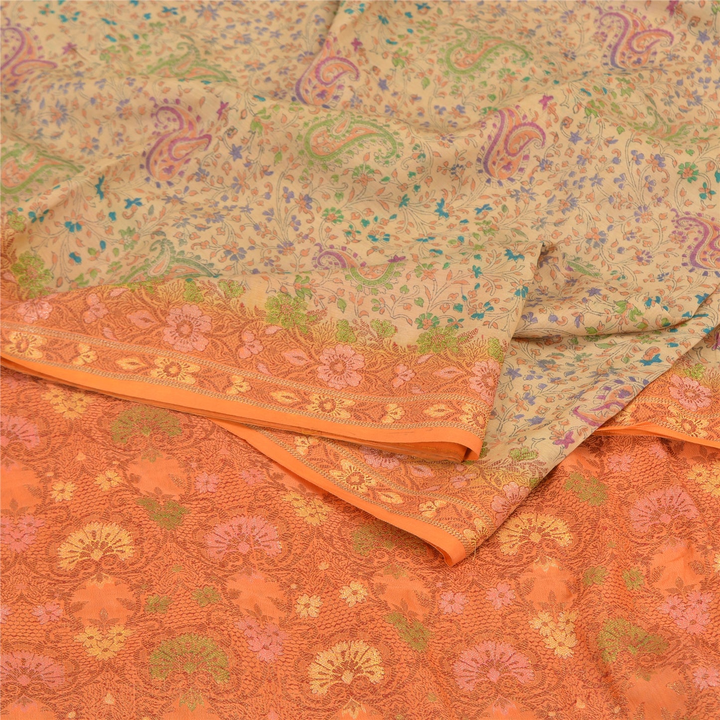 Sanskriti Vintage Orange/Ivory Sarees 100% Pure Silk Woven Premium Sari Fabric