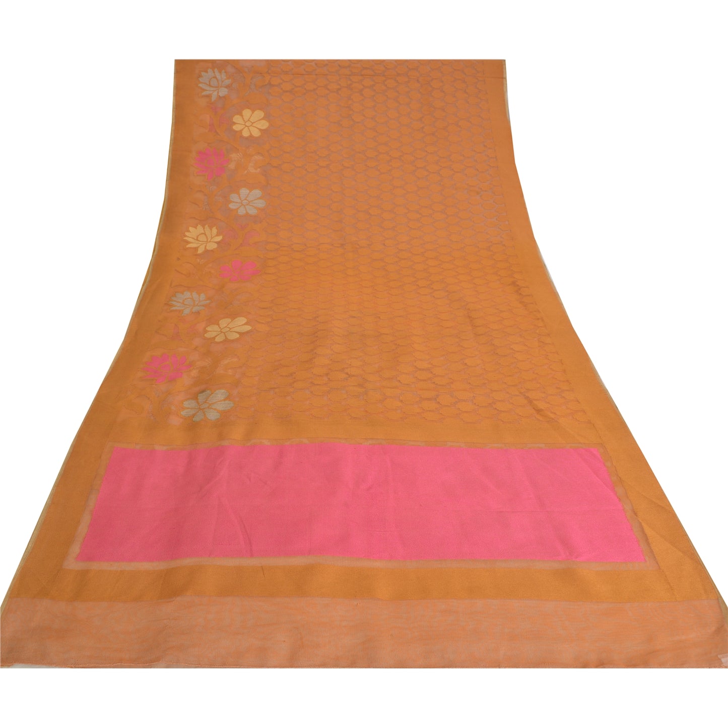 Sanskriti Vintage Saffron/Pink Sarees Art Silk Woven Premium Sari Craft Fabric