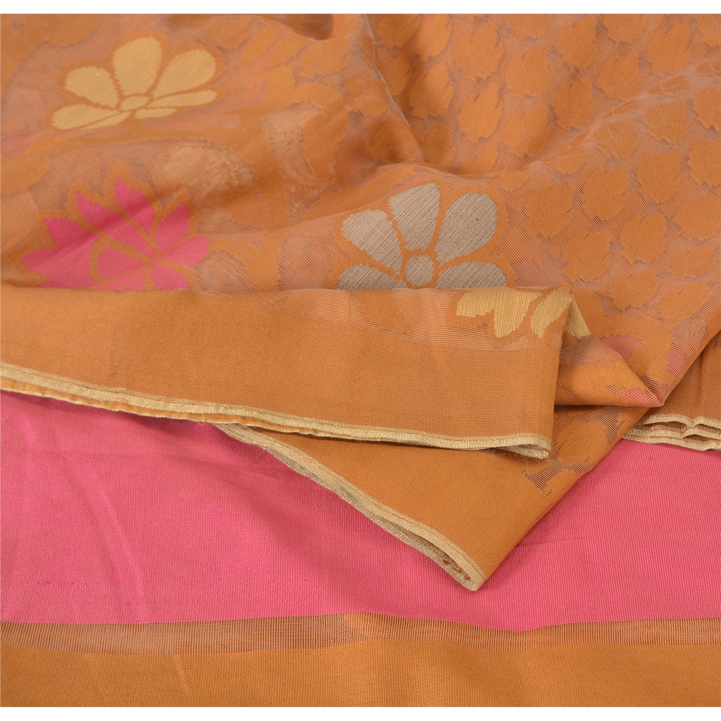 Sanskriti Vintage Saffron/Pink Sarees Art Silk Woven Premium Sari Craft Fabric