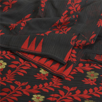 Sanskriti Vintage Black Indian Sarees Blend Silk Hand-Woven Sari 5 YD Fabric