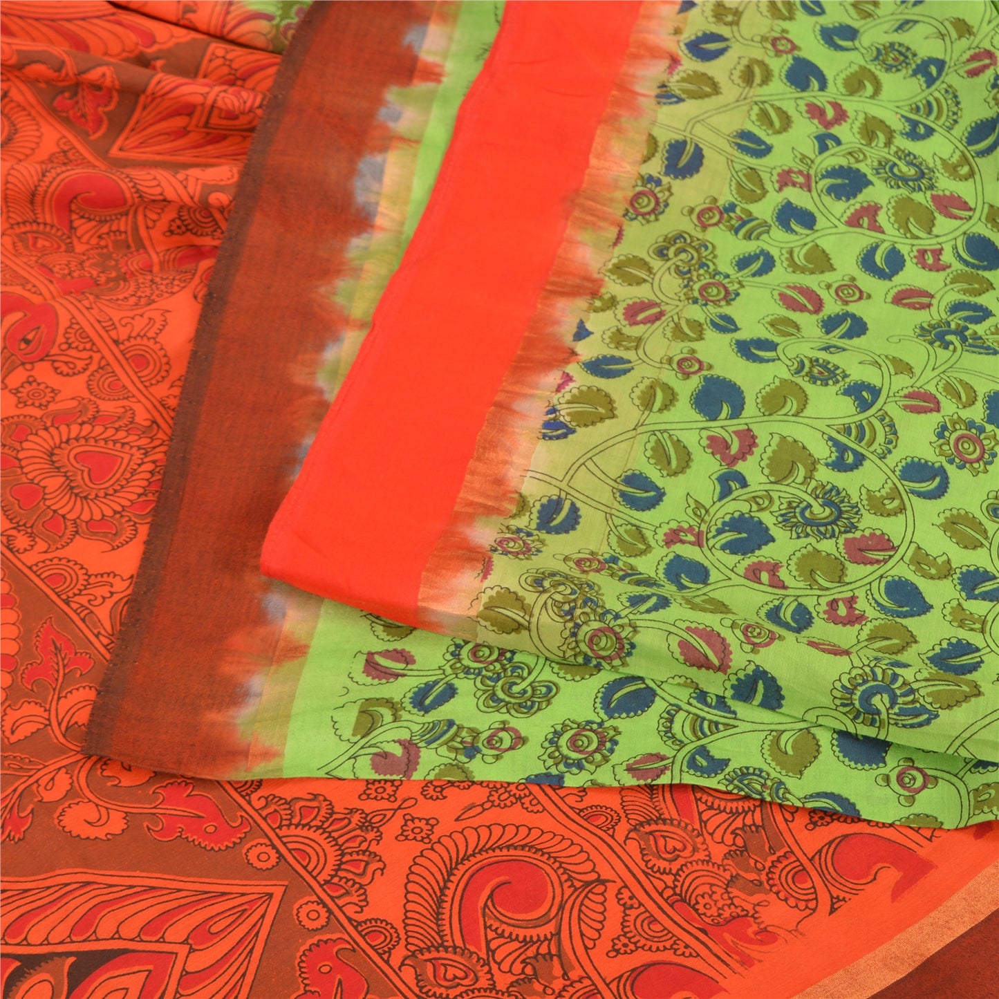 Sanskriti Vintage Green/Orange Sarees Pure Cotton Handmade Kalamkari Sari Fabric