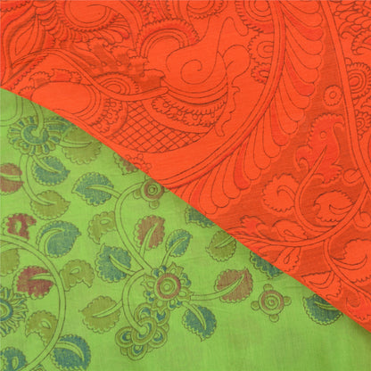 Sanskriti Vintage Green/Orange Sarees Pure Cotton Handmade Kalamkari Sari Fabric