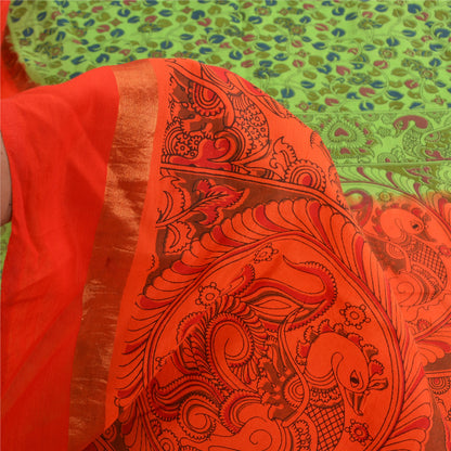 Sanskriti Vintage Green/Orange Sarees Pure Cotton Handmade Kalamkari Sari Fabric