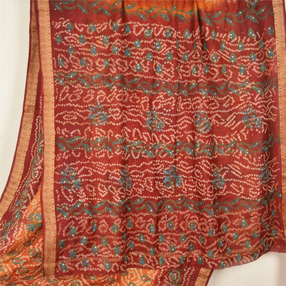 Sanskriti Vintage Saffron/Red Sarees Pure Silk Handmade Bandhani Sari Fabric