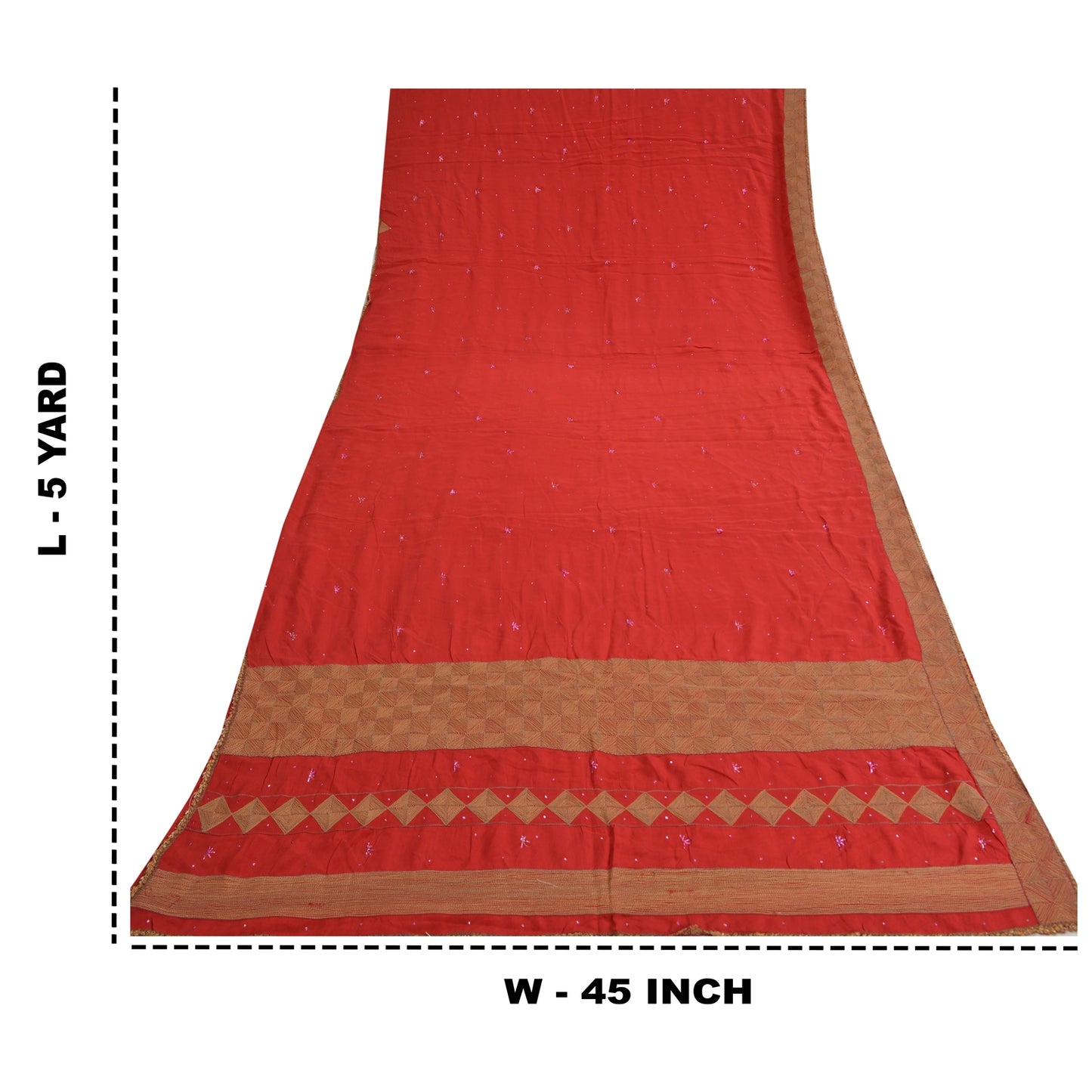 Sanskriti Vintage Red Indian Sarees Pure Crepe Silk Hand Embroidered Sari Fabric