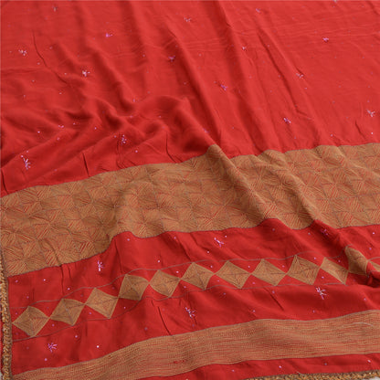 Sanskriti Vintage Red Indian Sarees Pure Crepe Silk Hand Embroidered Sari Fabric