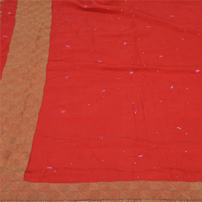 Sanskriti Vintage Red Indian Sarees Pure Crepe Silk Hand Embroidered Sari Fabric