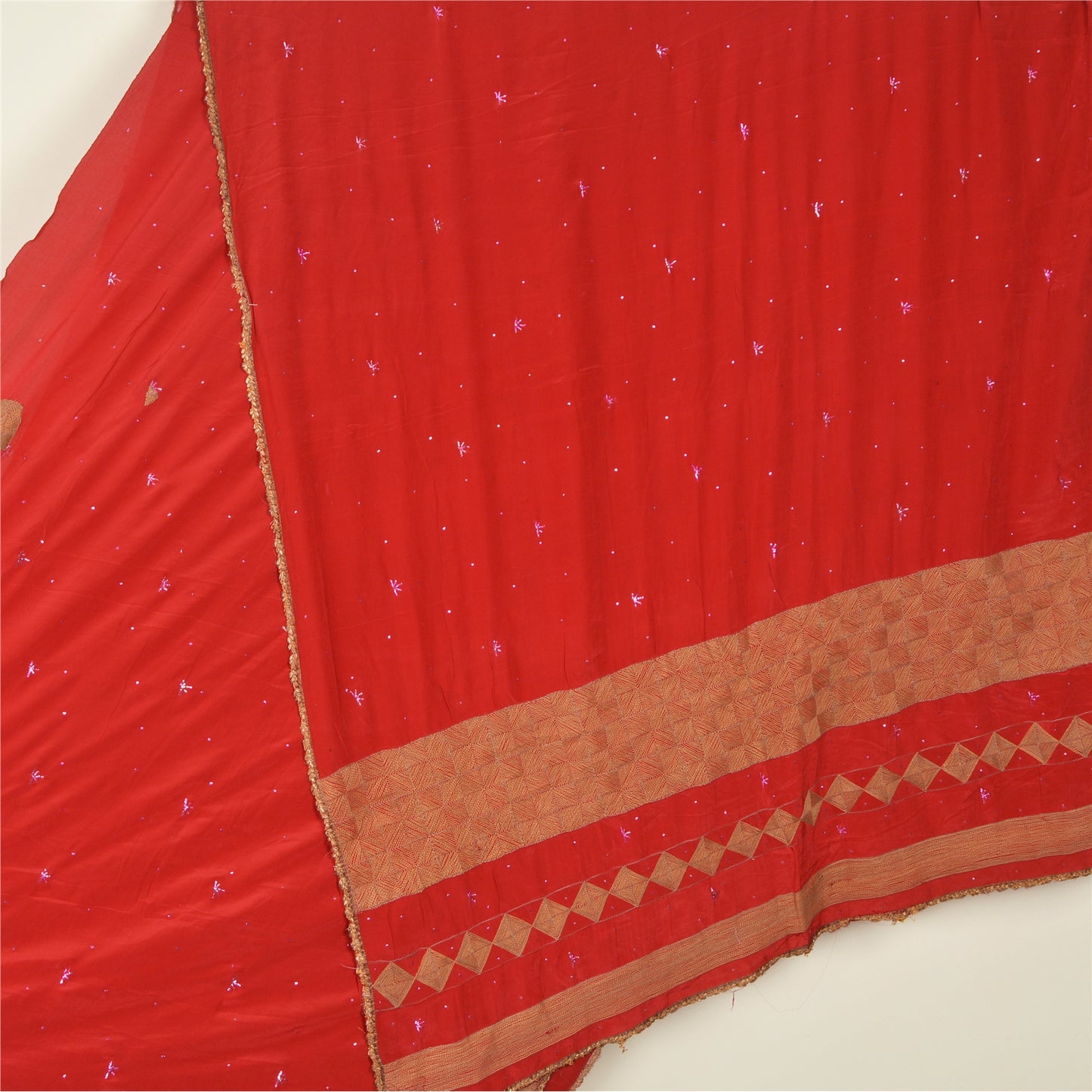 Sanskriti Vintage Red Indian Sarees Pure Crepe Silk Hand Embroidered Sari Fabric