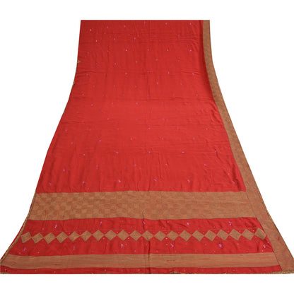 Sanskriti Vintage Red Indian Sarees Pure Crepe Silk Hand Embroidered Sari Fabric