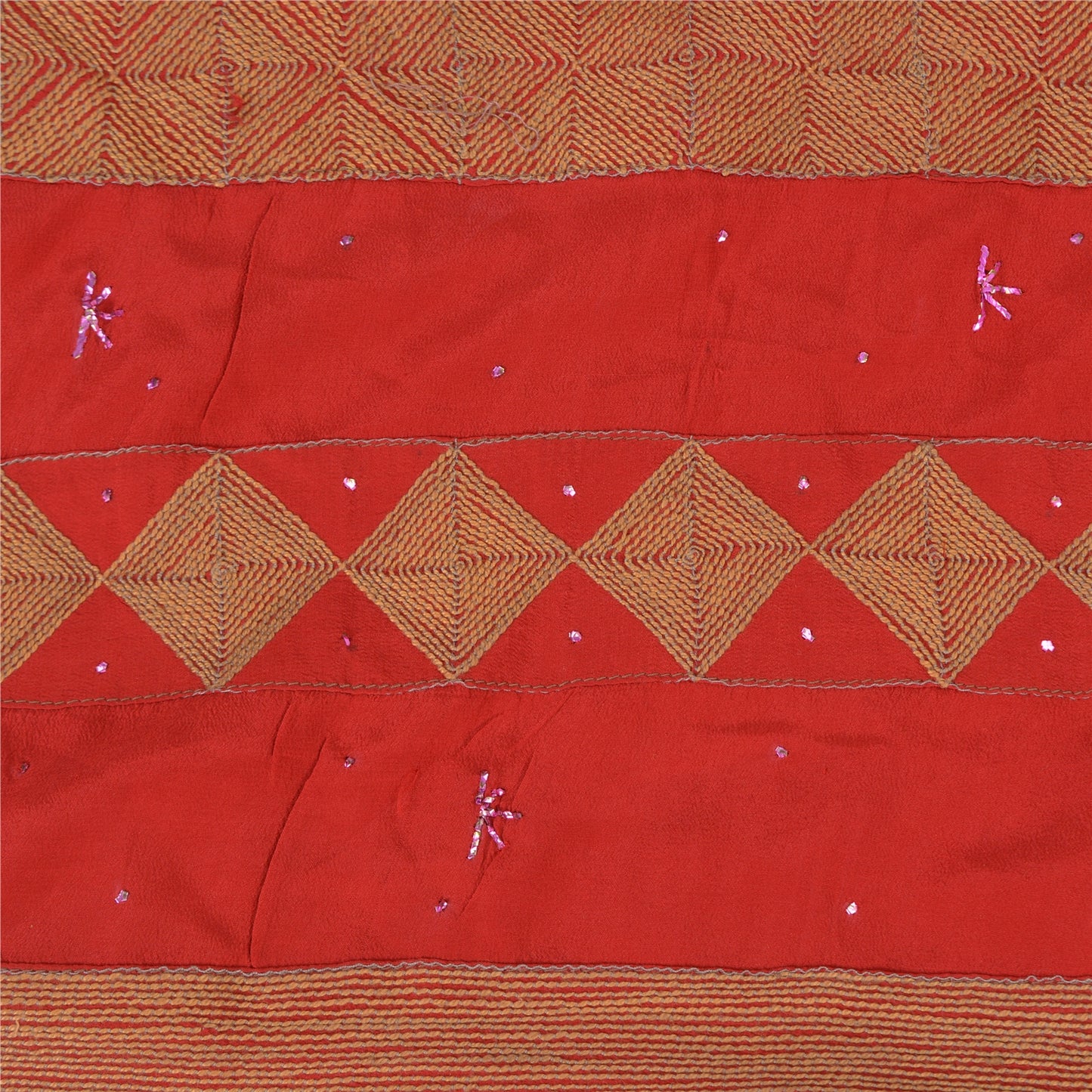 Sanskriti Vintage Red Indian Sarees Pure Crepe Silk Hand Embroidered Sari Fabric