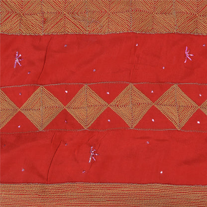 Sanskriti Vintage Red Indian Sarees Pure Crepe Silk Hand Embroidered Sari Fabric