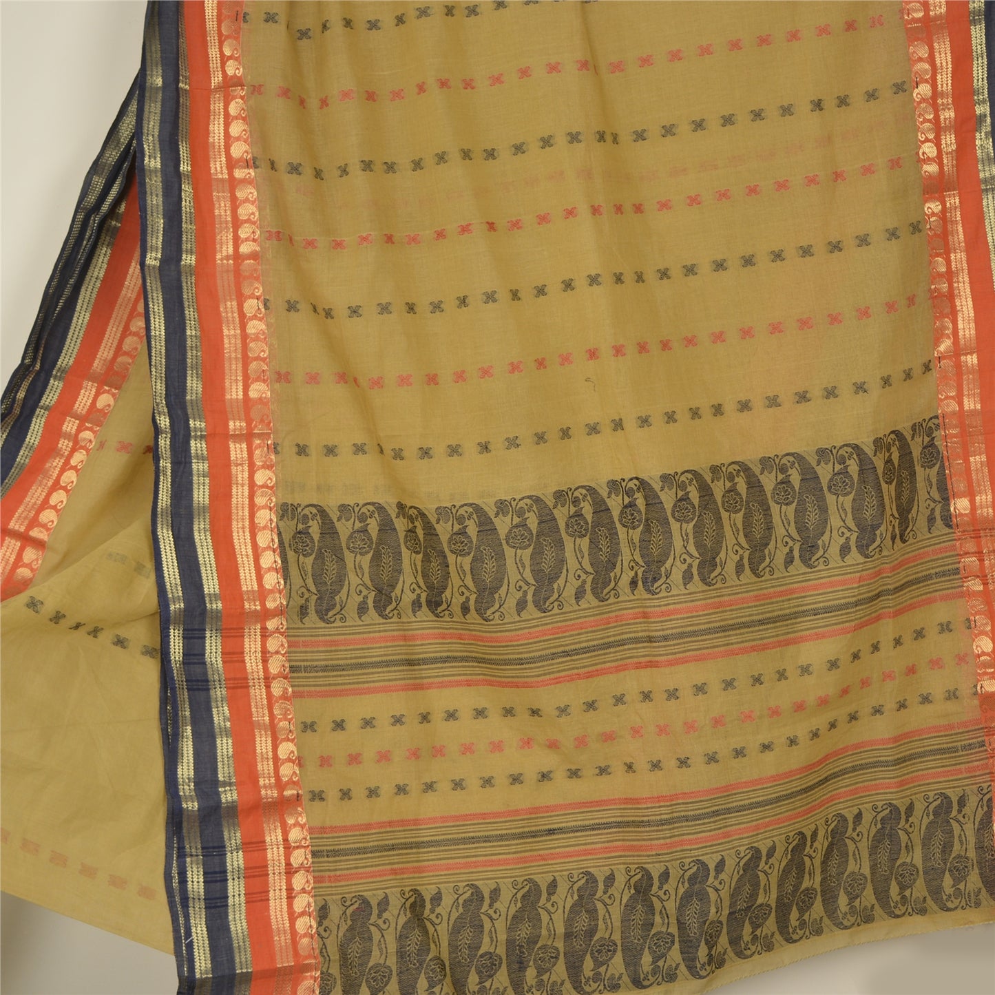 Sanskriti Vintage Beige Indian Sarees Pure Cotton Woven Premium Sari Fabric