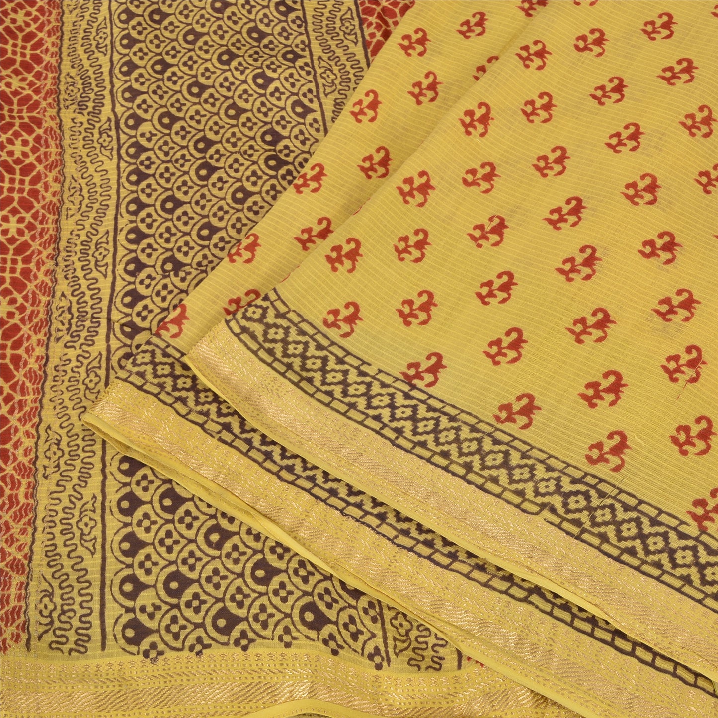 Sanskriti Vintage Yellow/Red Sarees Pure Cotton Hand-Block Printed Sari Fabric